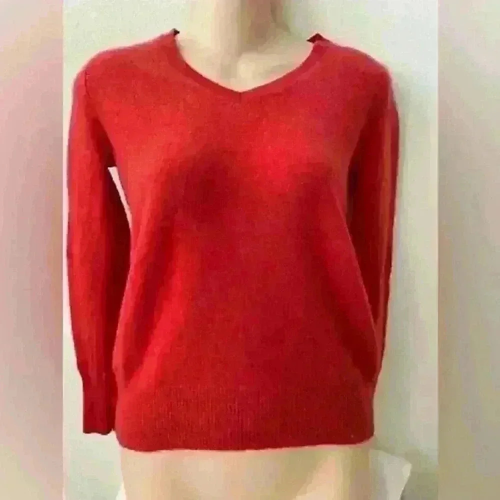 Only Mine Women's Orange Cashmere Long Sleeve V-Neck Pullover Sweater Size M